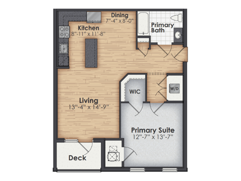 Floor plan for 1 bed, 1 bath, 896 sqft